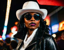 foto de negro africano mujer con blanco Tortuga cuello ,negro Gafas de sol, negro cuero chaqueta y blanco vaquero sombrero, generativo ai