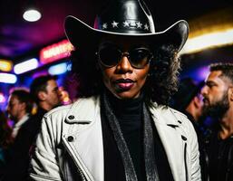 foto de negro africano mujer con blanco Tortuga cuello ,negro Gafas de sol, negro cuero chaqueta y blanco vaquero sombrero, generativo ai