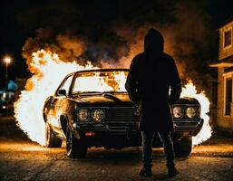 foto de hombre vistiendo capucha chaqueta en frente de ardiente coche cubrir con fuego, generativo ai