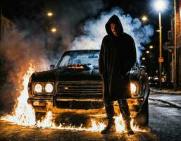 photo of man wearing hoodie jacket in front of burning car cover with fire, generative AI