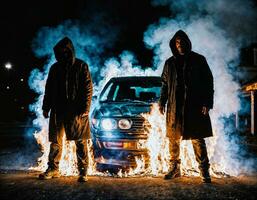 photo of man wearing hoodie jacket in front of burning car cover with fire, generative AI