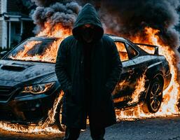 foto de hombre vistiendo capucha chaqueta en frente de ardiente coche cubrir con fuego, generativo ai