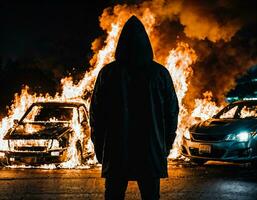 photo of man wearing hoodie jacket in front of burning car cover with fire, generative AI