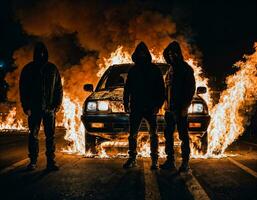 photo of man wearing hoodie jacket in front of burning car cover with fire, generative AI