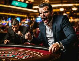 photo of angry and upset gambler man in casino, generative AI
