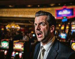 photo of angry and upset gambler man in casino, generative AI