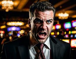 photo of angry and upset gambler man in casino, generative AI