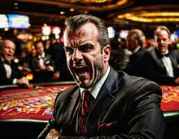 photo of angry and upset gambler man in casino, generative AI