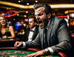 foto de enojado y trastornado jugador hombre en casino, generativo ai