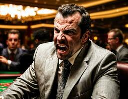 photo of angry and upset gambler man in casino, generative AI