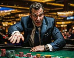 photo of angry and upset gambler man in casino, generative AI