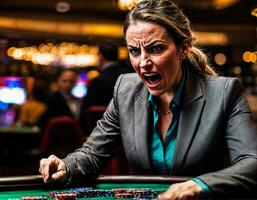foto de enojado y trastornado jugador mujer en casino, generativo ai