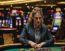 photo of angry and upset gambler woman in casino, generative AI