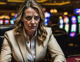 foto de enojado y trastornado jugador mujer en casino, generativo ai