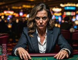 photo of angry and upset gambler woman in casino, generative AI