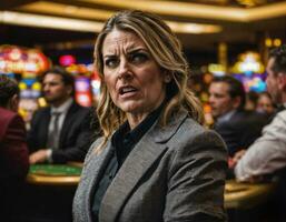 photo of angry and upset gambler woman in casino, generative AI