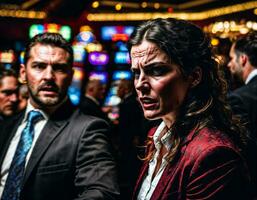 photo of angry and upset gambler woman in casino, generative AI