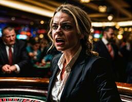 photo of angry and upset gambler woman in casino, generative AI