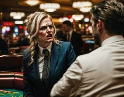 photo of angry and upset gambler woman in casino, generative AI