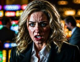 foto de enojado y trastornado jugador mujer en casino, generativo ai