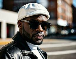 photo of black african man with white turtle neck ,black sunglasses, black leather jacket and white cowboy hat, generative AI