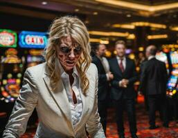 foto de enojado y trastornado jugador mujer en casino, generativo ai