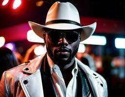 photo of black african man with white turtle neck ,black sunglasses, black leather jacket and white cowboy hat, generative AI