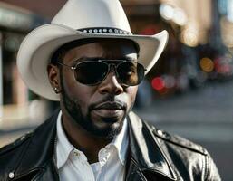 photo of black african man with white turtle neck ,black sunglasses, black leather jacket and white cowboy hat, generative AI