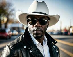 photo of black african man with white turtle neck ,black sunglasses, black leather jacket and white cowboy hat, generative AI