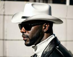 photo of black african man with white turtle neck ,black sunglasses, black leather jacket and white cowboy hat, generative AI