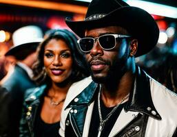 photo of black african man with white turtle neck ,black sunglasses, black leather jacket and white cowboy hat, generative AI