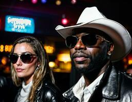 photo of black african man with white turtle neck ,black sunglasses, black leather jacket and white cowboy hat, generative AI