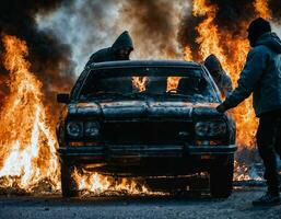 photo of man wearing hoodie jacket in front of burning car cover with fire, generative AI