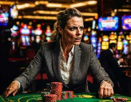 foto de enojado y trastornado jugador mujer en casino, generativo ai