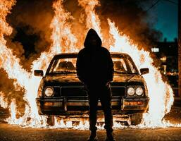 photo of man wearing hoodie jacket in front of burning car cover with fire, generative AI