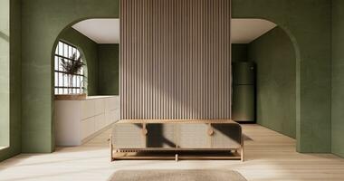 Minimalist Green Living Room muji style Interior Design have sofa wabisabi and decoration japandi. photo