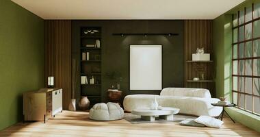Bedroom japanese minimal style.,Modern green wall and wooden floor, room minimalist. 3D rendering photo