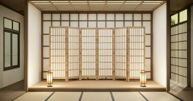 interior, vacío habitación y tatami estera piso habitación japonés estilo. foto