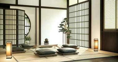 zen habitación interior con bajo mesa y almohada en tatami estera en de madera habitación japonés estilo. foto