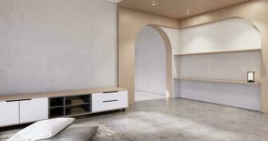 de madera gabinete en muji vacío habitación, japandi mínimo diseños 3d representación foto