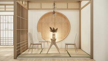 moderno Japón estilo minúsculo habitación cocina y comida mesa blanco pared madera piso. foto
