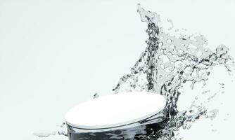 white podium and water splashingt on white background. photo