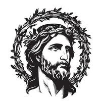 Jesus Portrait in a wreath hand drawn sketch in doodle style Vector illustration