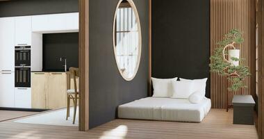 moderno Japón estilo dormitorio decorado y minimalista cama. foto