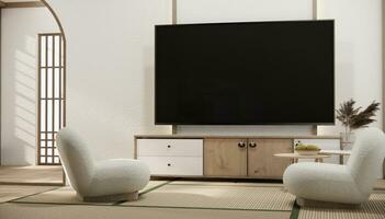 Minimal cabinet for tv interior wall mockup. photo