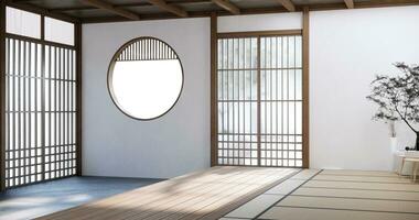 Japan style empty room decorated with white wall and wood slat wall photo