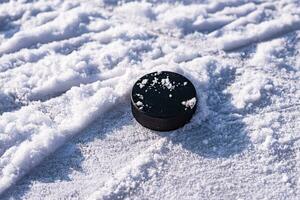 hockey puck lies on the snow close-up photo