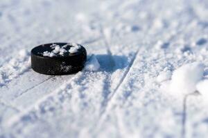 hockey puck lies on the snow close-up photo