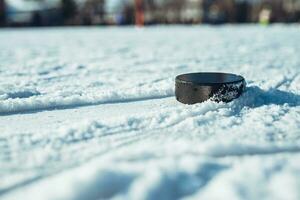 hockey puck lies on the snow close-up photo