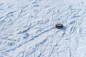 hockey puck lies on the snow close-up photo